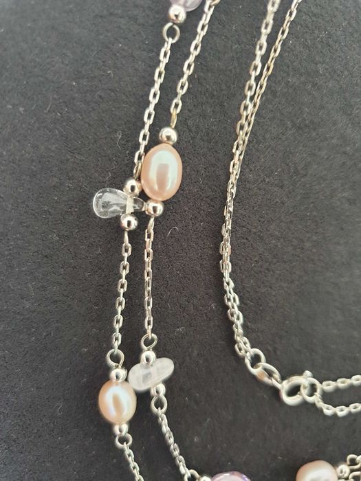 Zestaw Komplet: naszyjnik kolczyki Serbro 925 Perły Ametyst