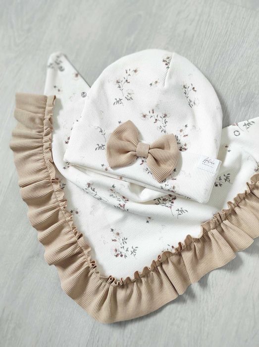Komplet wiosenny zestaw czapka chustka prążek falbanka kokardka 49-52