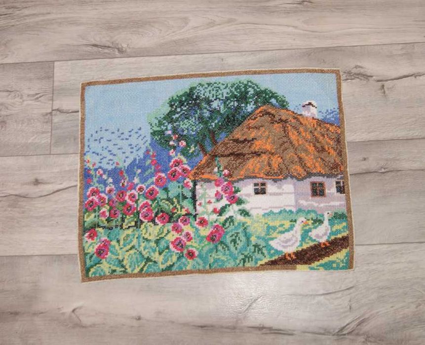 Haft krzyżykowy obraz Chata z malwami