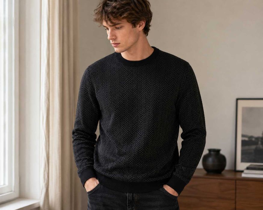 H&M Merino Wool sweter męski 100% merino M czarny jodełka