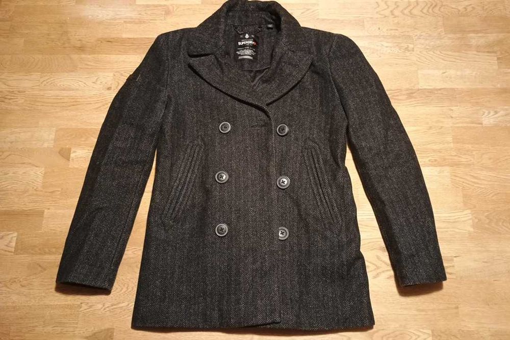 wełna SUPERDRY płaszcz S/M/L SLIM elegancki czarny kurtka fit jodełka