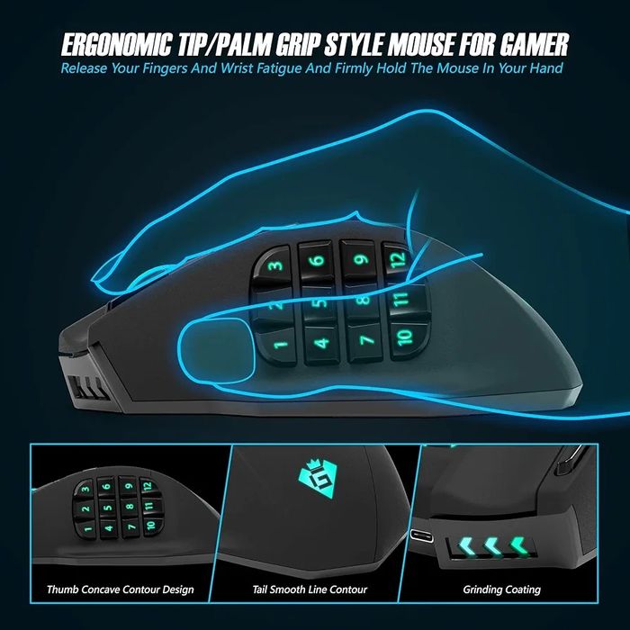 Rato de jogos sem fios sem fios Gamspeed V8 Pro RGB MMO, Sensor óptico