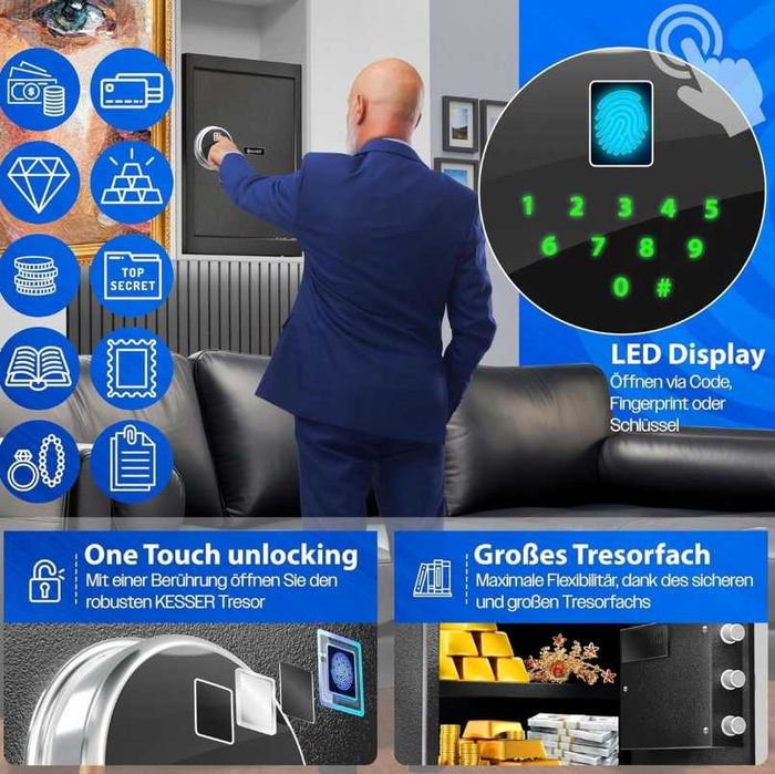 Sejf elektroniczny na odcisk palca, pin lub klucz KESSER