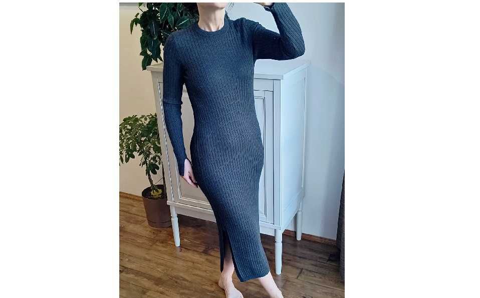 Rhea. Merino wełna 100% sukienka szara dzianinowa długa rozporki S