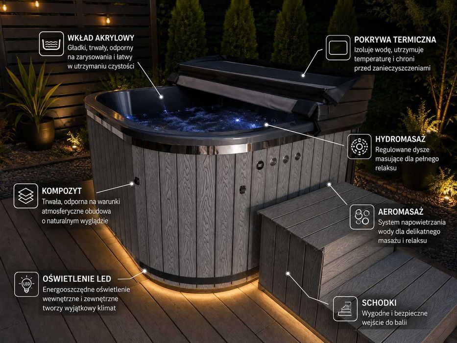 Balia ogrodowa PREMIUM 200x200 | FULL OPCJA | Hydromasaż | LED | Dostępna od ręki