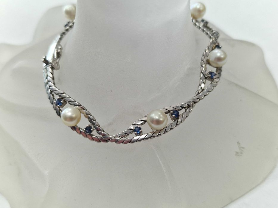 Złota bransoletka/ 585/ 14.98 gram/ Perły/ Szafiry/ Wycena/ 19.5 cm