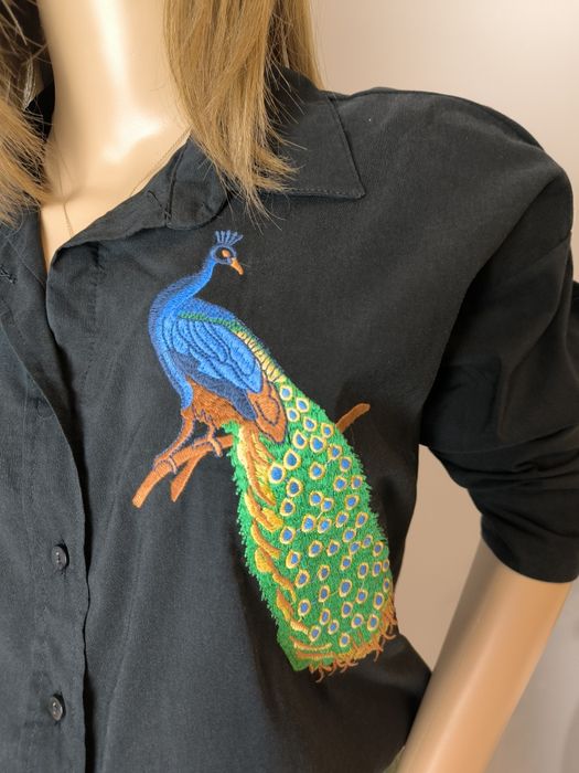 Czarna długa koszula 36 38 haft Puff oversize elegancka świąteczna