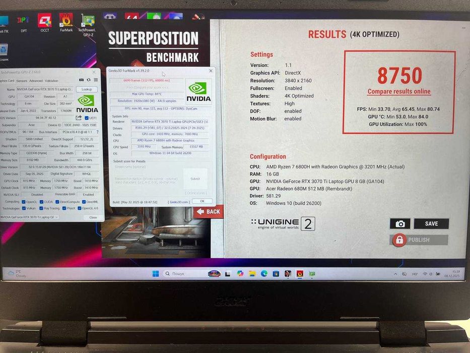 Ноутбук Acer Nitro AN515 2K 165Гц Ryzen 7 6800H 16GB RTX 3070Ti 512GB