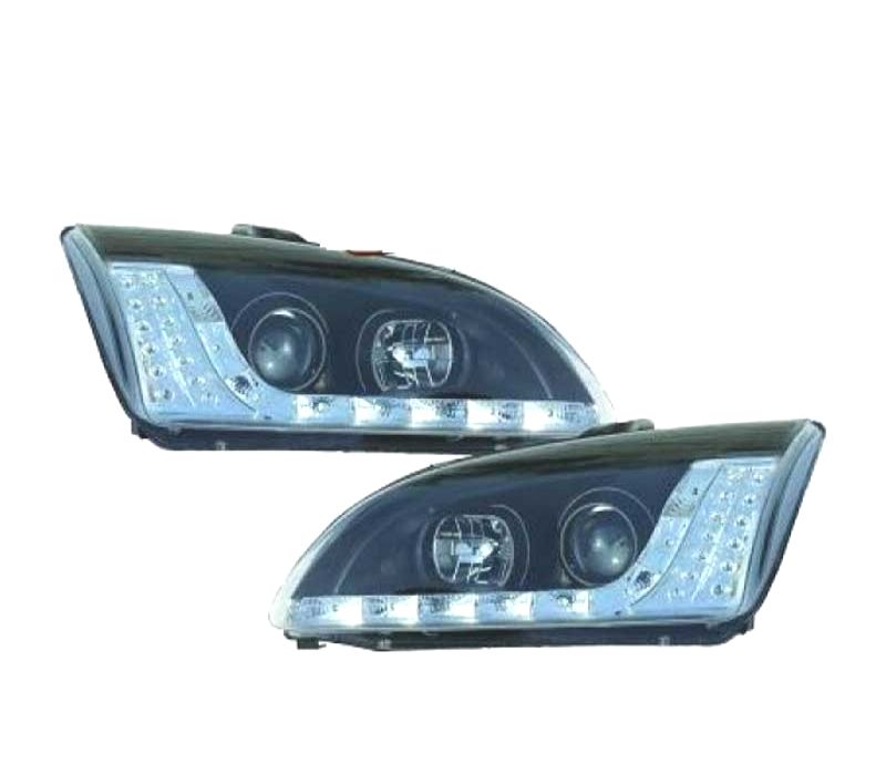 FARÓIS COM LUZ DIURNA + PISCAS LED FORD FOCUS 04-08 FUNDO PRETO