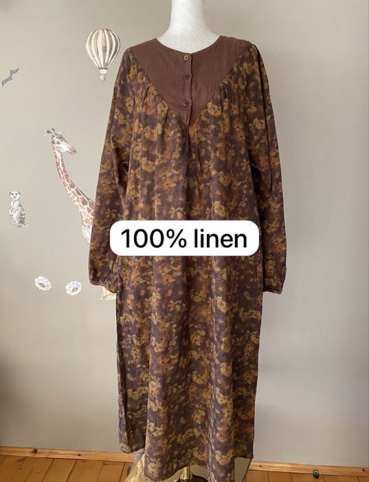 Lniana długa sukienka boho z kieszeniami oversize sukienka z lnu