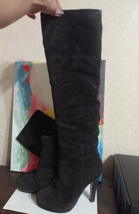 Замшеві чоботи ботфорти коричневі єврозима