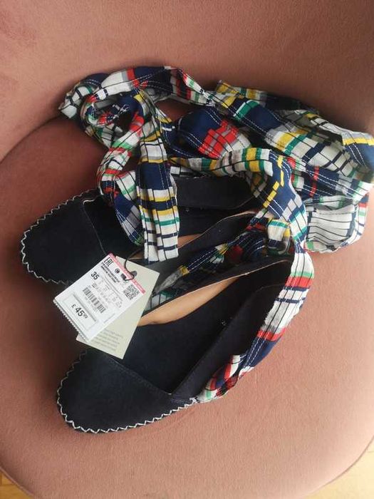 Zara skórzane granatowe espadryle chusta wiązanie r. 35 nowe