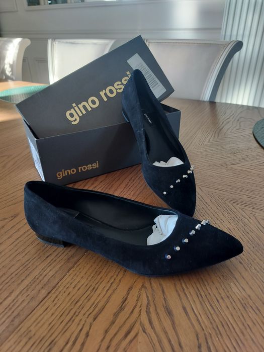 Gino Rossi Nowe skórzane zamszowe baleriny  w czub  czarne 39.5