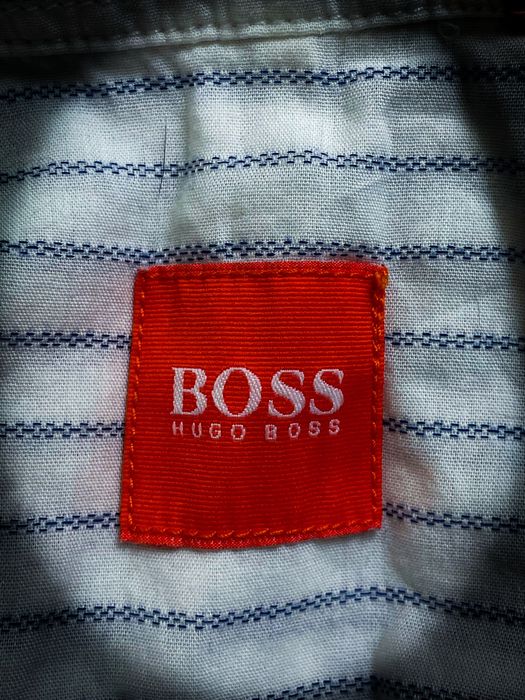 (L) Hugo Boss Nowa Biała Męska Koszula w Paski z Krótkim Rękawem