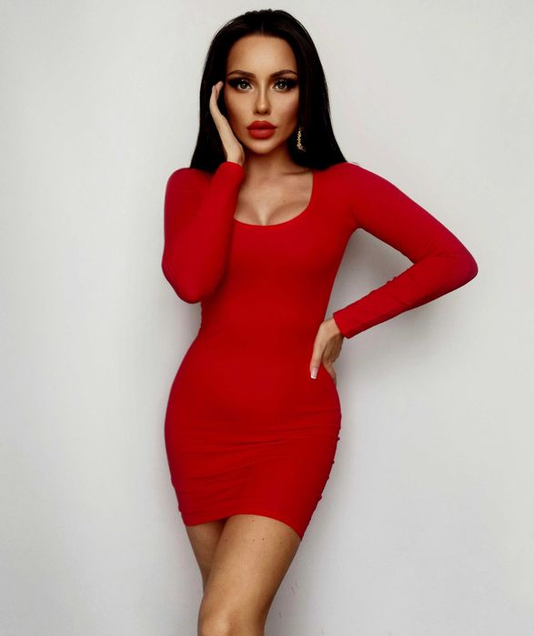 Sukienka CZERWONA mini z Dekoltem długi rękaw XS/S, S/M, M/L