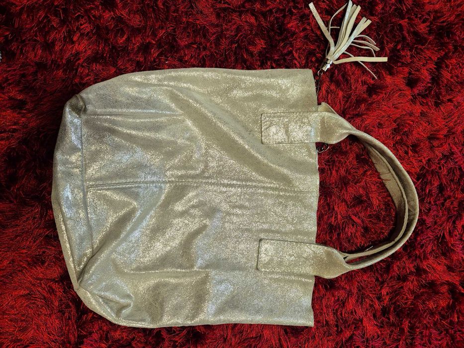 Torba skórzana torebka srebrna typu worek