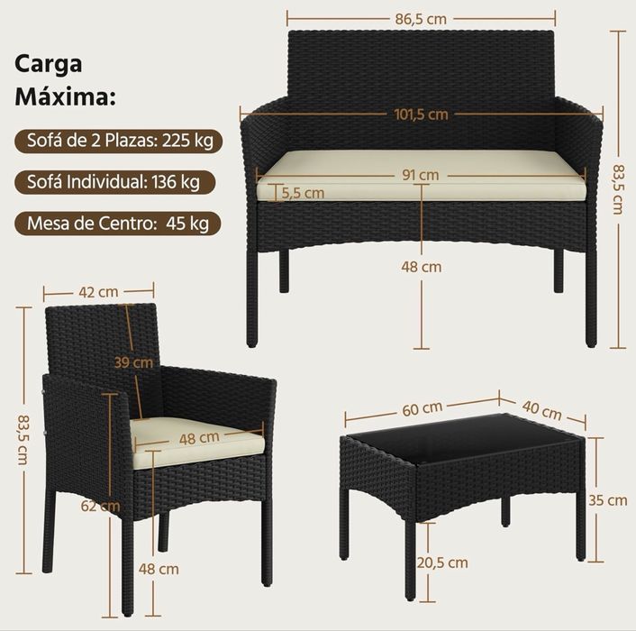 Conjunto completo - 1 sofá + 2 cadeiras + mesa com vidro + almofada