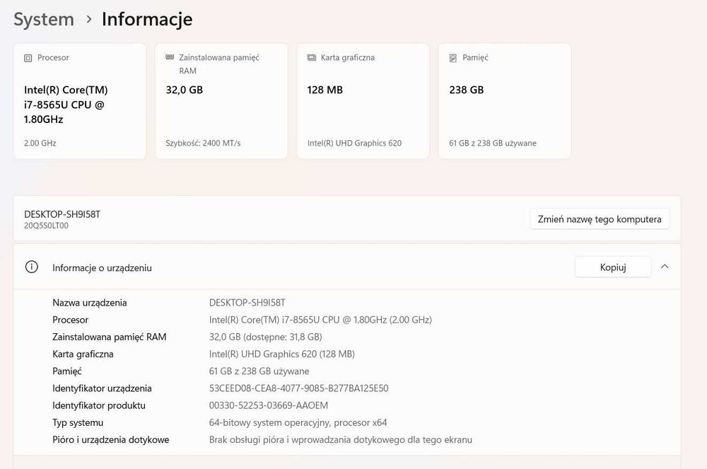 Lenovo thinkpad L490 i7-8565U ram 32 DB DDR4 dysk SSD 256GB