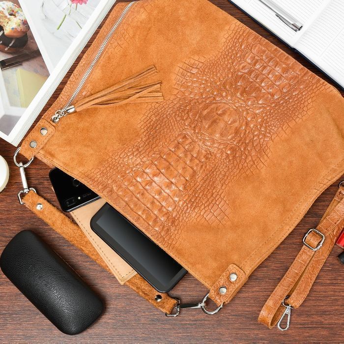Camel torebka A4 skórzana zamszowa shopper skóra krokodyla oryginalna