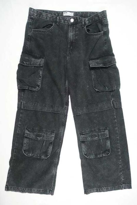Bershka Spodnie Jeans Czarne Opium Multi Cargo Baggy Wide Washed 40