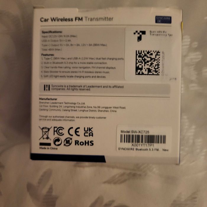 Transmiter Syncwire FM Bluetooth 5.4 USB PD RGB Ładowarka 48W