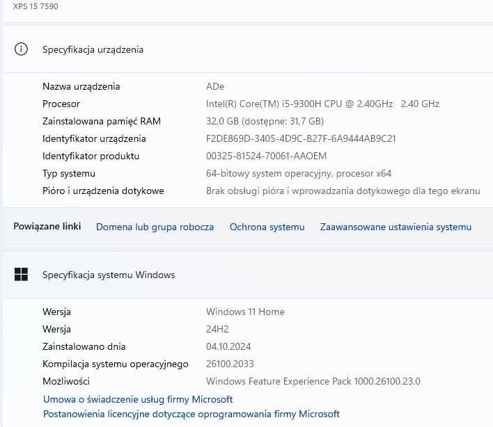 Laptop Dell XPS 15 7590, RAM 32GB, SSD 1TB + Stacja Dokująca Dell TB16