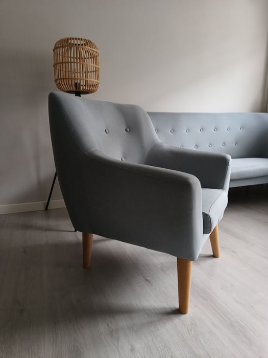 Sofa , fotel, pufa szaroniebieski zestaw