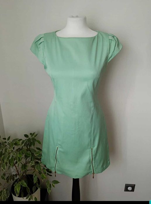 Miętowa sukienka krótki rękaw z zamkami Attentif 38