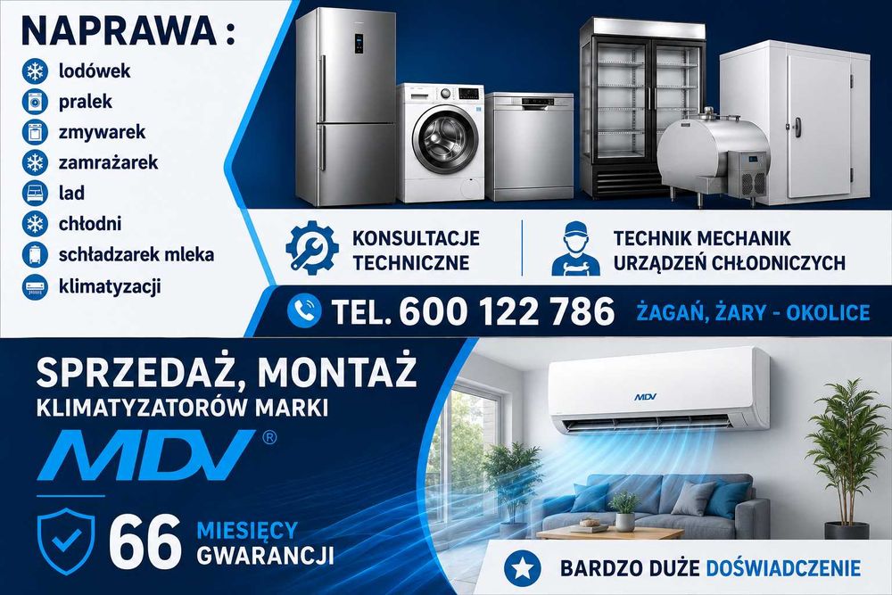 AGD - Naprawa,lodówek,pralek,zamrażarekchłodni.  Montaż klimatyzacji !