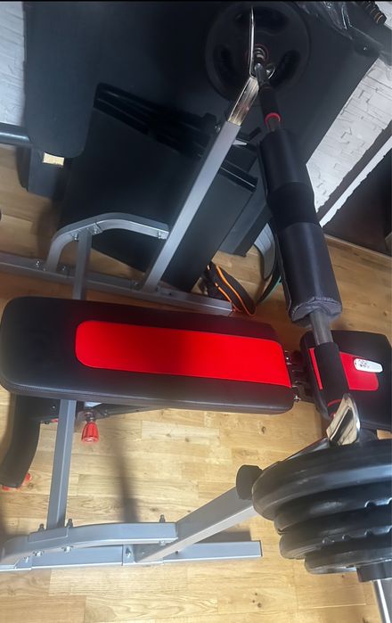 Ławka treningowa BowFlex plus stojak na sztangę Kettler plus gryf