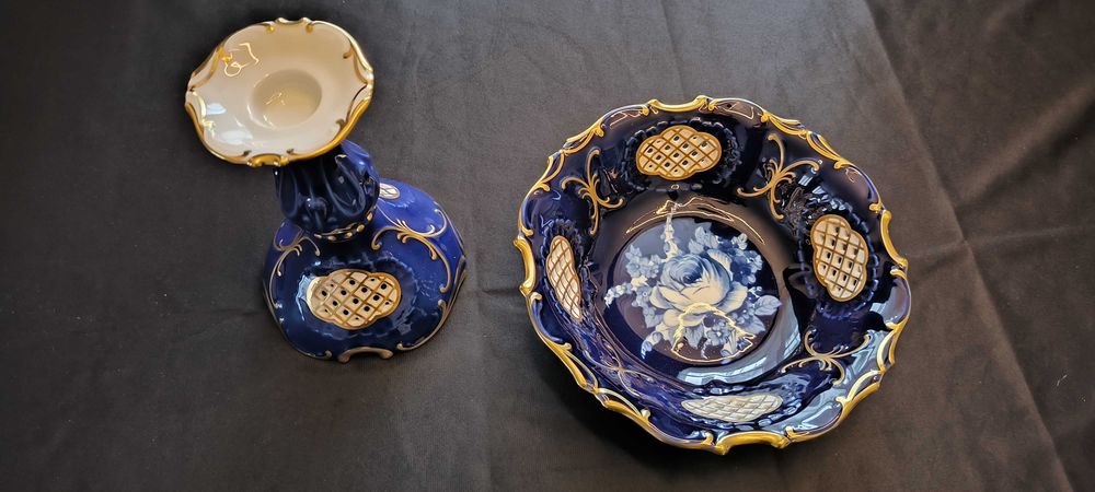 Piękny komplet porcelany kobaltowej Pirkenhammer (Czechosłowacja) – Misa + Świecznik