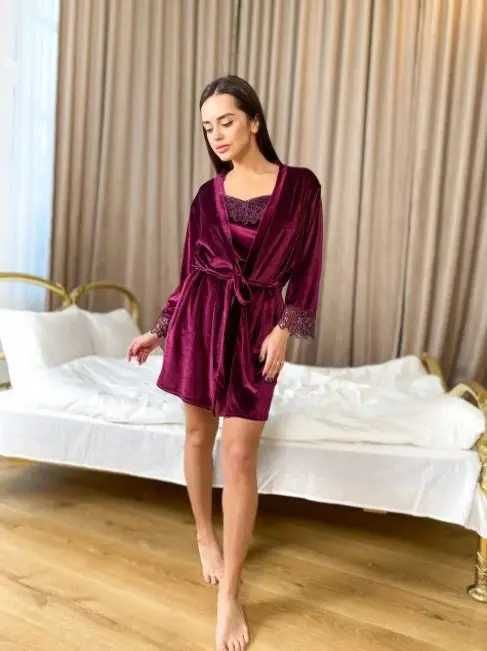 Піжама велюрова 4в1 (халат, шорти, майка, штани) сливова