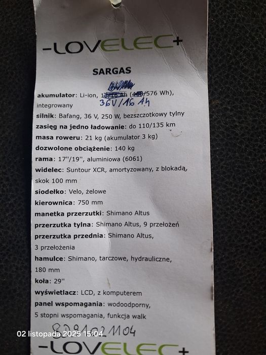 Rower lovelec sargas elektryczny
