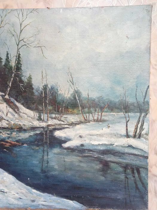 Старая картина,масло,зимний пейзаж