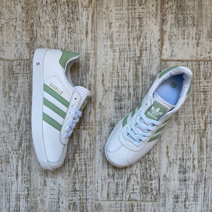 Адідас Газель Кросівки жіночі шкіряні Adidas Gazelle білі з зеленим женские Адидас газель белые  розмір 36,38,41