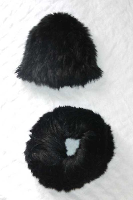 Ochnik czapka + KOMIN czarny futro królika futerko szalik szal