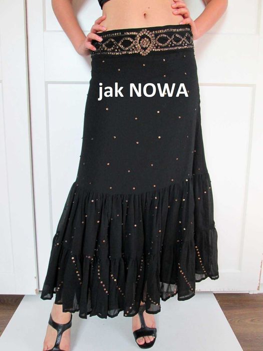 Cream długa czarna rozkloszowana spódnica spódniczka złote cekiny 38 M