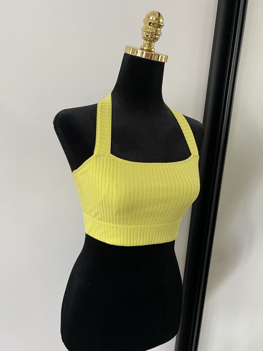 Żółta, krótka bluzka, crop top, biustonosz, stanik, prążki, Etam, S
