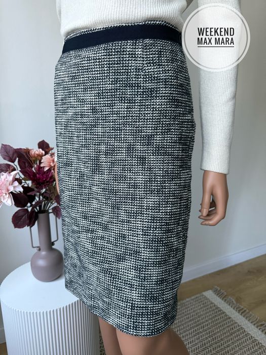 Weekend Max Mara spódnica L XL granat krem bouclé midi 94% bawełna quiet luxury
