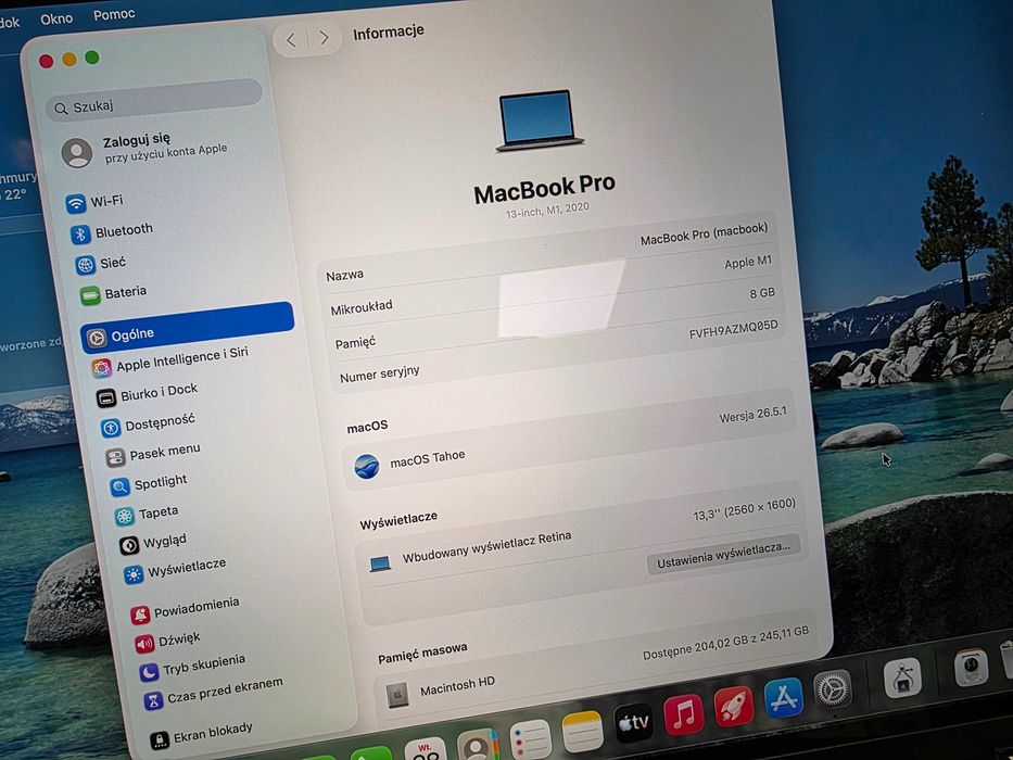 Macbook PRO 13 2020/ Apple M1/ 8GB DDR4/ 256GB/ 278 cykli ładowania/ Space Gray/ + zasilacz/ Grade B+ do A-/ GW 12 MSC