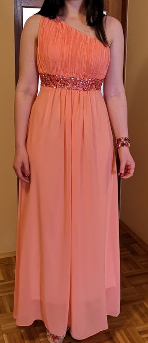 Sukienka maxi na jedno ramię kolor koral
