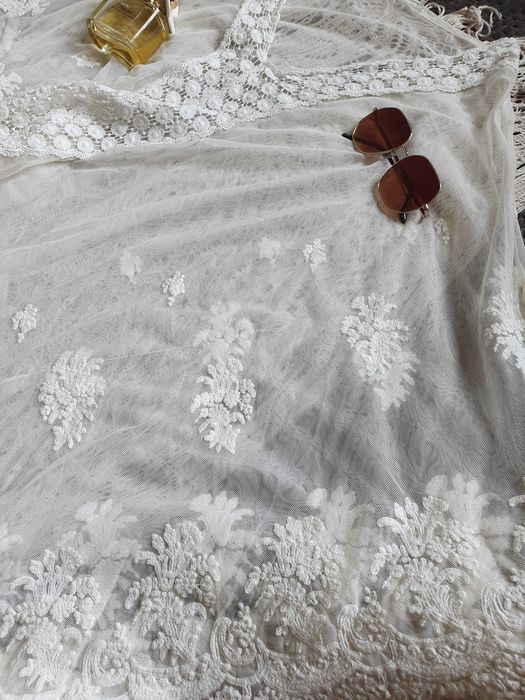 Przepiękne pareo poncho narzutka Boho ecru One size bawełna