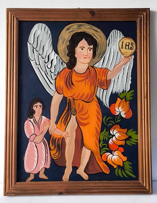 Stary polski obraz religijny Anioł malowany na szkle, Design Vinage