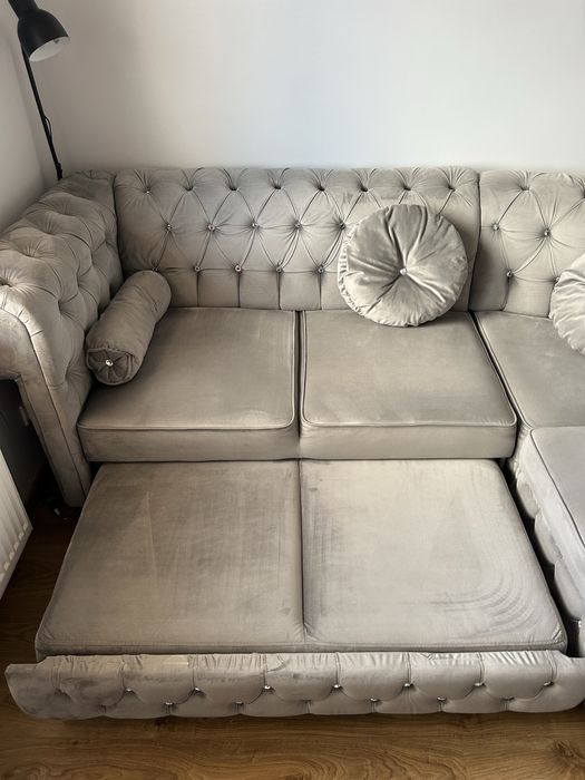 Narożnik Chesterfield - dwustronny, funkcja spania + pojemnik na pościel