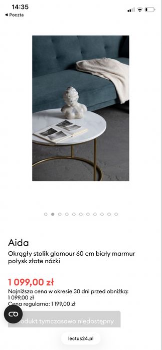 AIDA Okrągły stolik glamour 60 cm biały marmur połysk złote nóżki