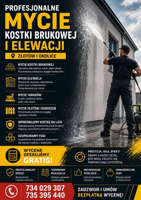 Kompleksowe mycie wysokociśnieniowe kostki brukowej, elewacji, tarasów, ogrodzeń