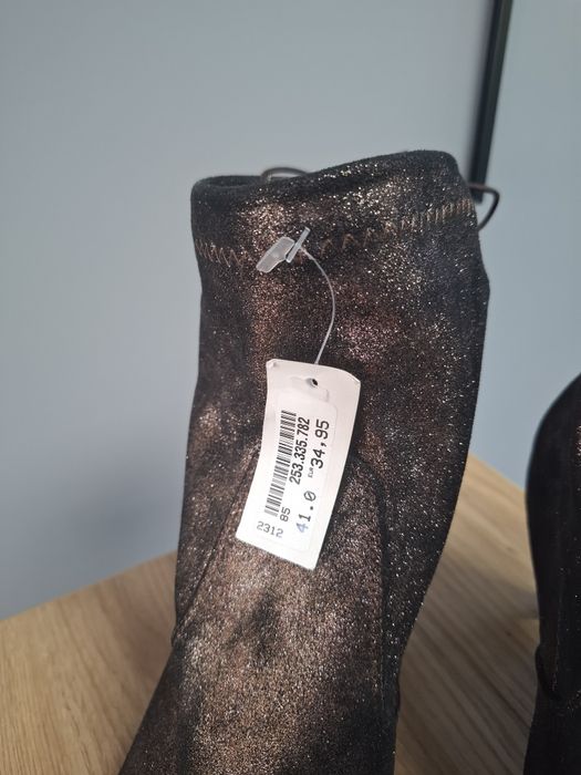 Brązowe botki na szpilce połyskujące brokatowe na imprezę rozmiar 41