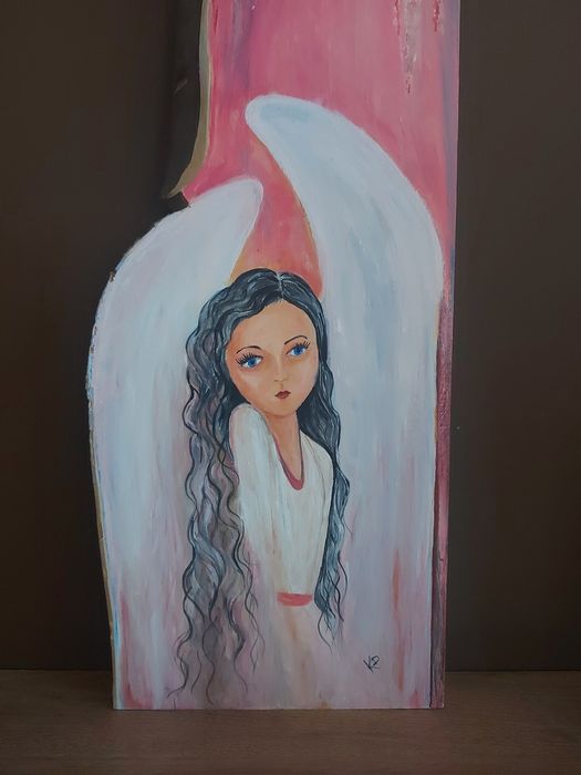 Anioł na desce ręcznie malowany