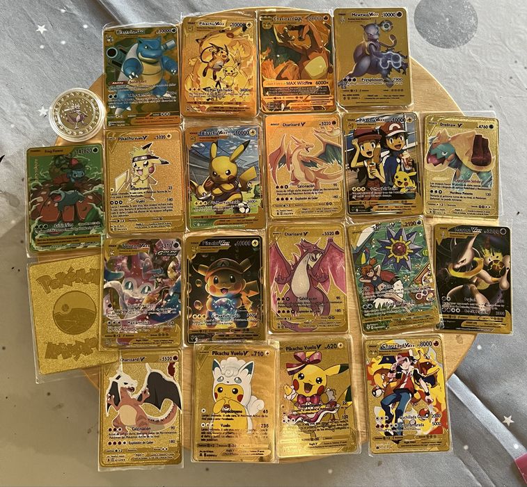 Cartas metalicas douradas e prateadas pokemon