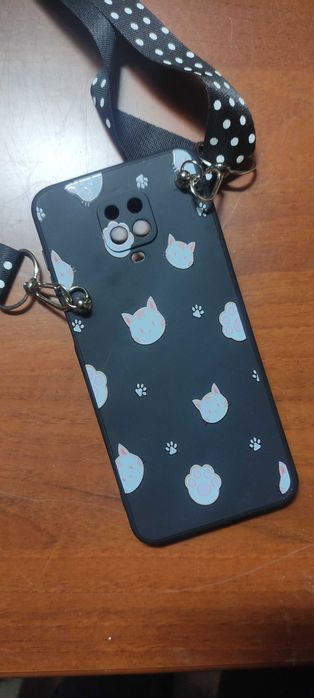 Чохол зі шнурком для Xiaomi Redmi Note 9 Pro чорний з котиком